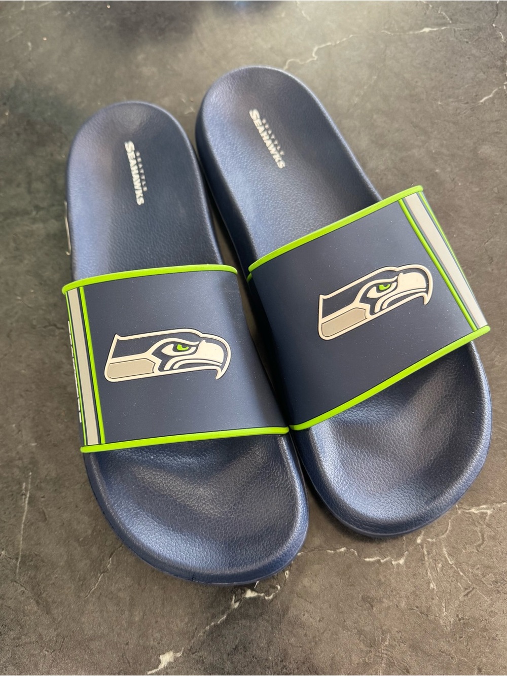 Seattle Seahawks Navy Slide Sandals with Green Trim